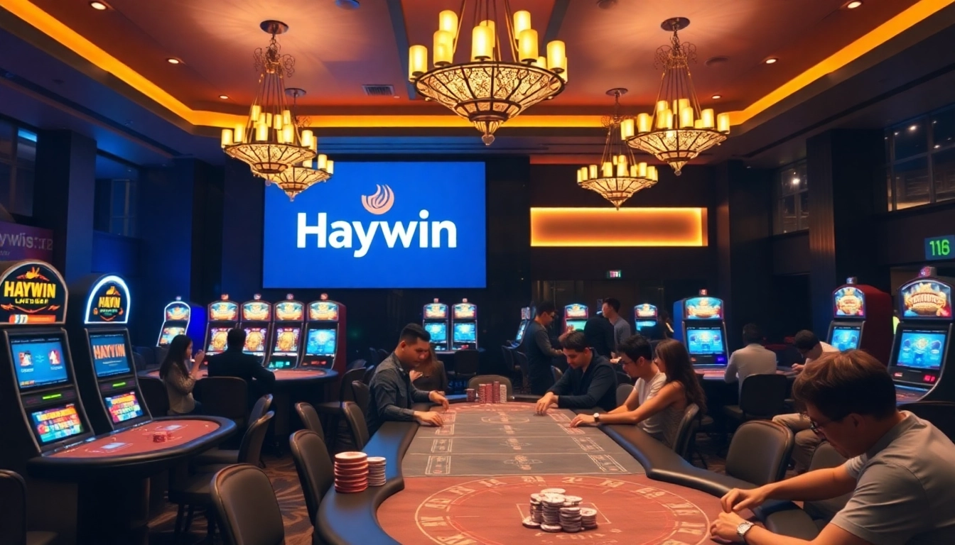 Players enjoying a high-stakes game at Haywin casino, highlighting poker chips and vibrant slot machines.