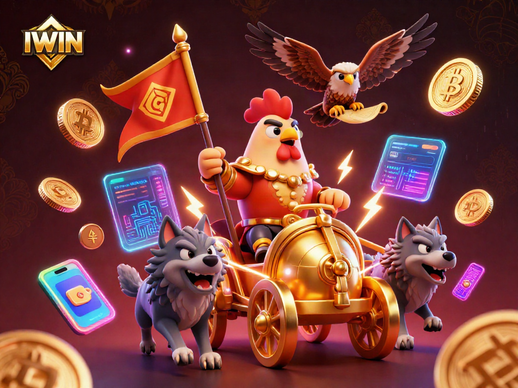 IWIN showcases vibrant gaming energy with a cartoon rooster warlord leading a golden war chariot in this dynamic casino illustration.