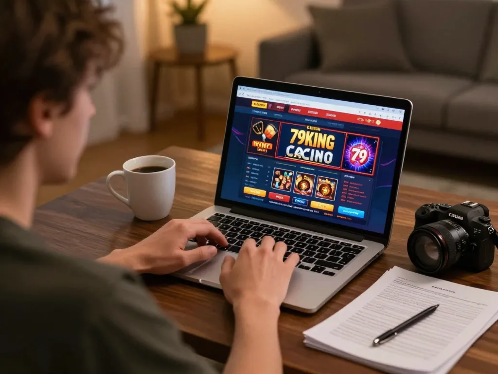 Engaging with the Trang chủ 79king online casino interface at home, highlighting responsible gambling strategies