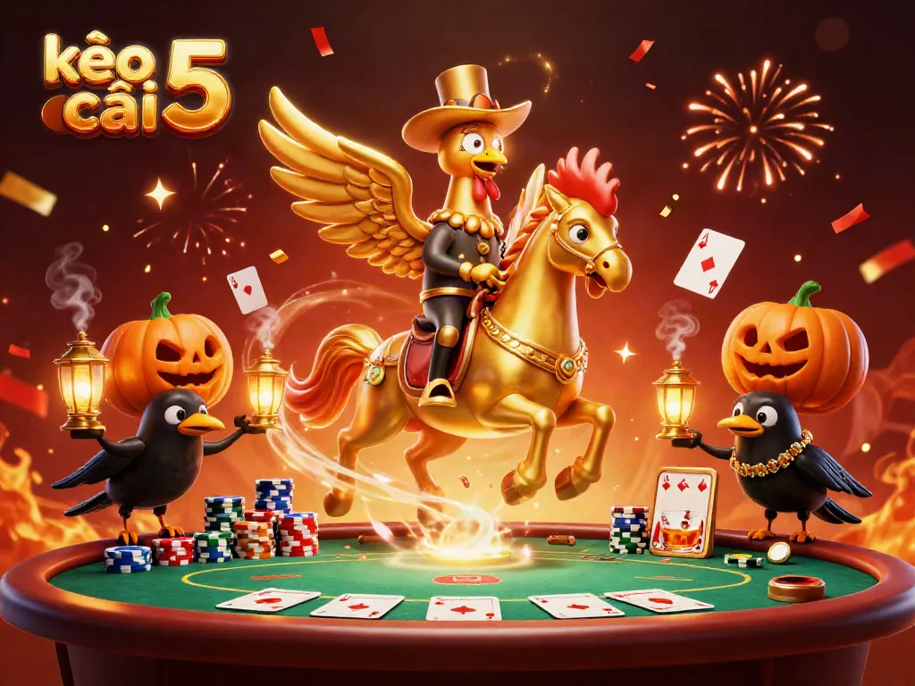 Experience the thrill of kèo nhà cái 5 with a golden rooster in a mystical casino scene
