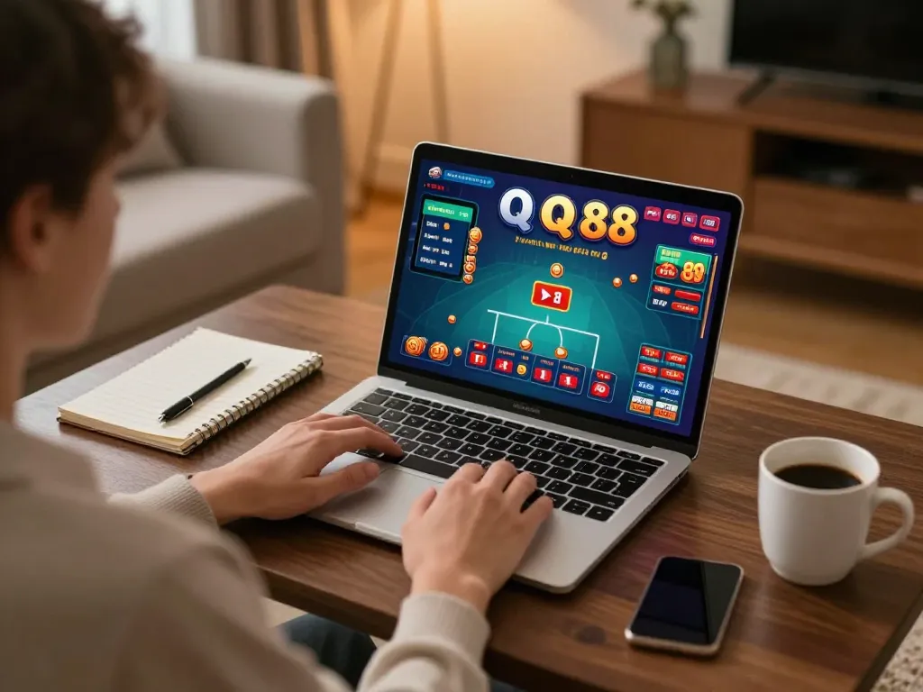 Player enjoying QQ 88 online gaming experience in a cozy home setting with a laptop.