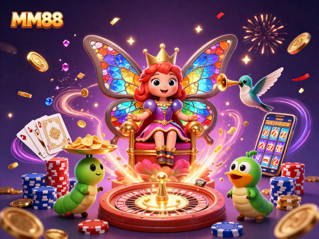 Join MM88's magical casino world with a vibrant butterfly queen, golden chips, and dazzling games.