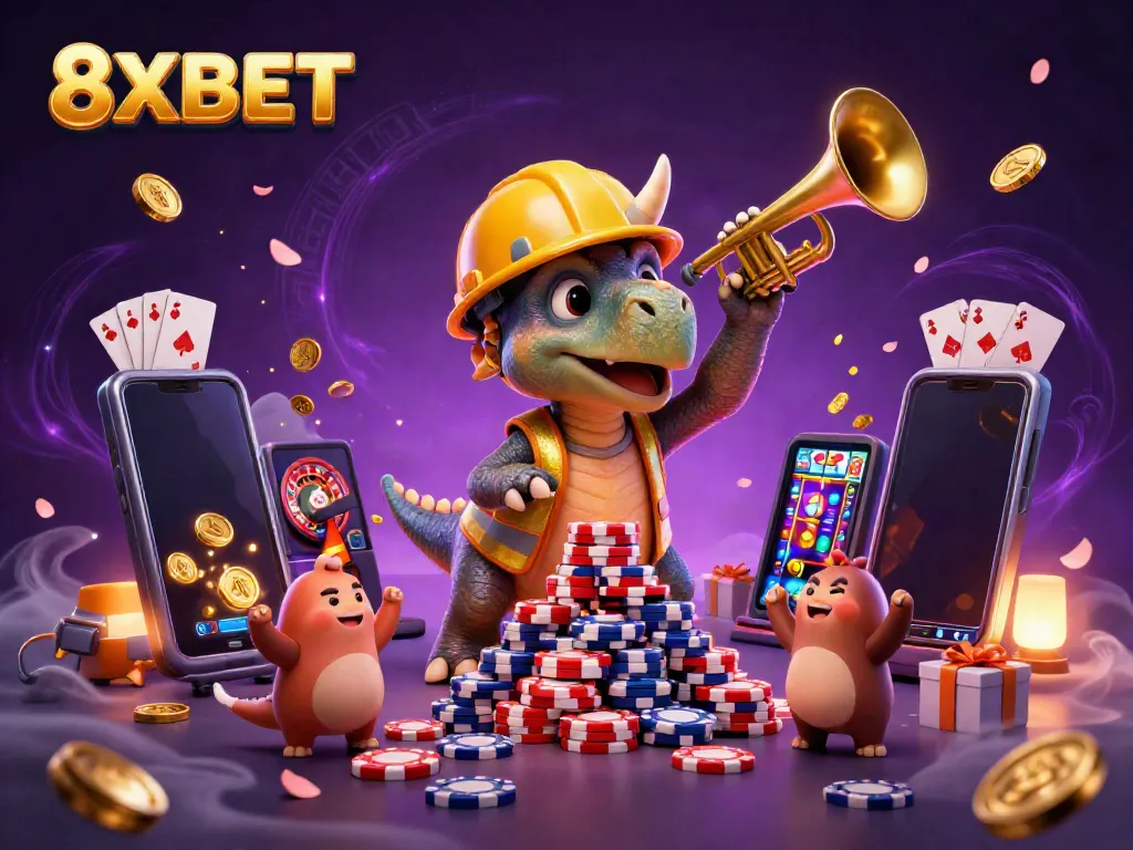 Join the excitement at 8XBET with a 3D triceratops and parasaurolophus celebrating wins in a vibrant casino scene