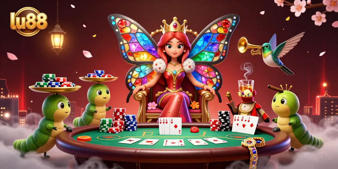Experience the vibrant atmosphere of lu88 with a butterfly queen at a poker table surrounded by colorful chips.