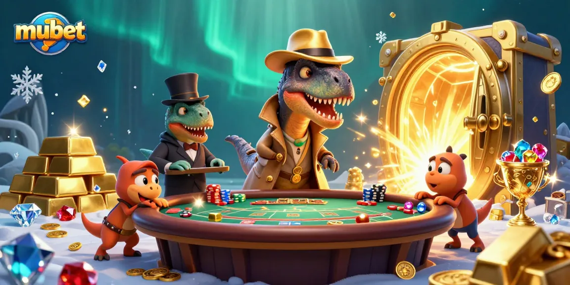 Mubet's thrilling blackjack table scene with a velociraptor card counter, showcasing rich treasures and vibrant colors.