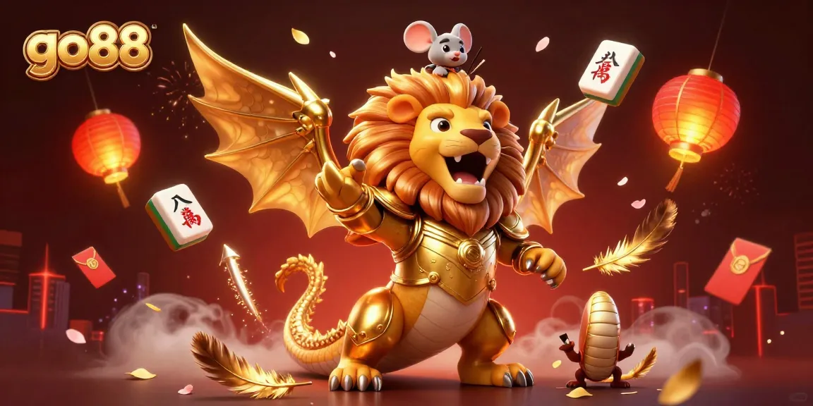 Engage with go88's captivating gaming world illustrated with a heroic chimera and vibrant casino elements.