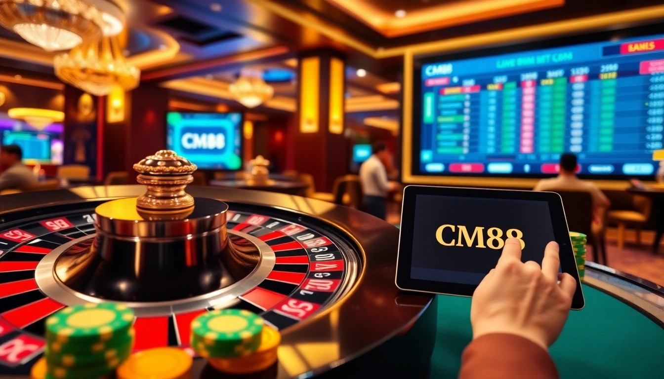 Players engaging with thrilling casino games at CM88, featuring vibrant tables and lively atmosphere.