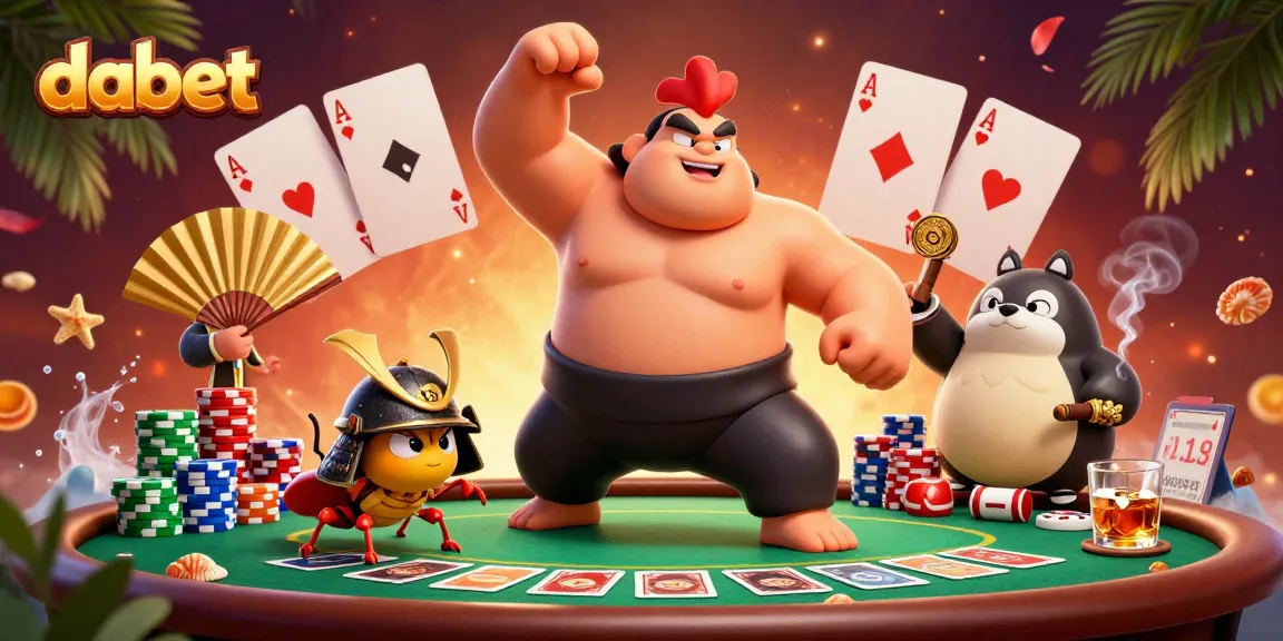 Dabet showcases a lively scene with dynamic poker action featuring a powerful sumo wrestler and engaging characters.