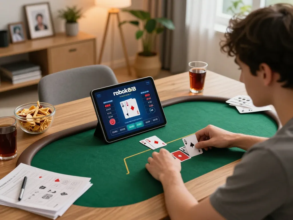 Engaging in online poker while analyzing rokok88 rtp data on a tablet, reflecting strategic bankroll management.