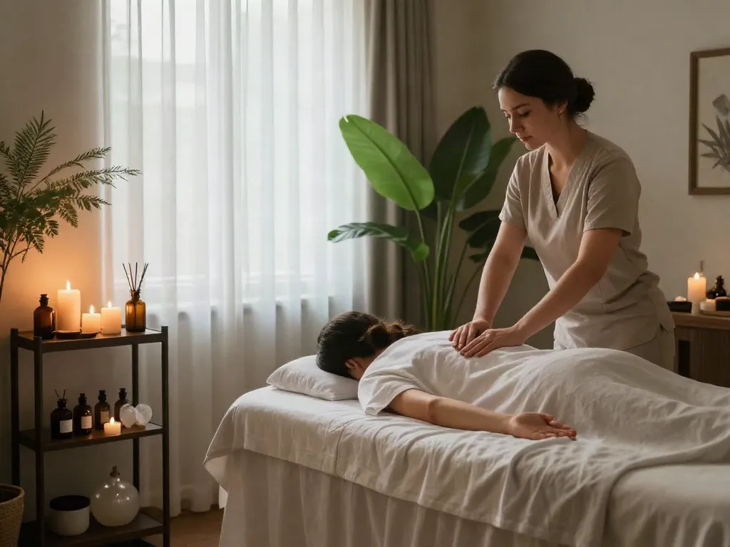 송파출장마사지 at a serene spa room, featuring massage table, calming decor, and soft lighting.
