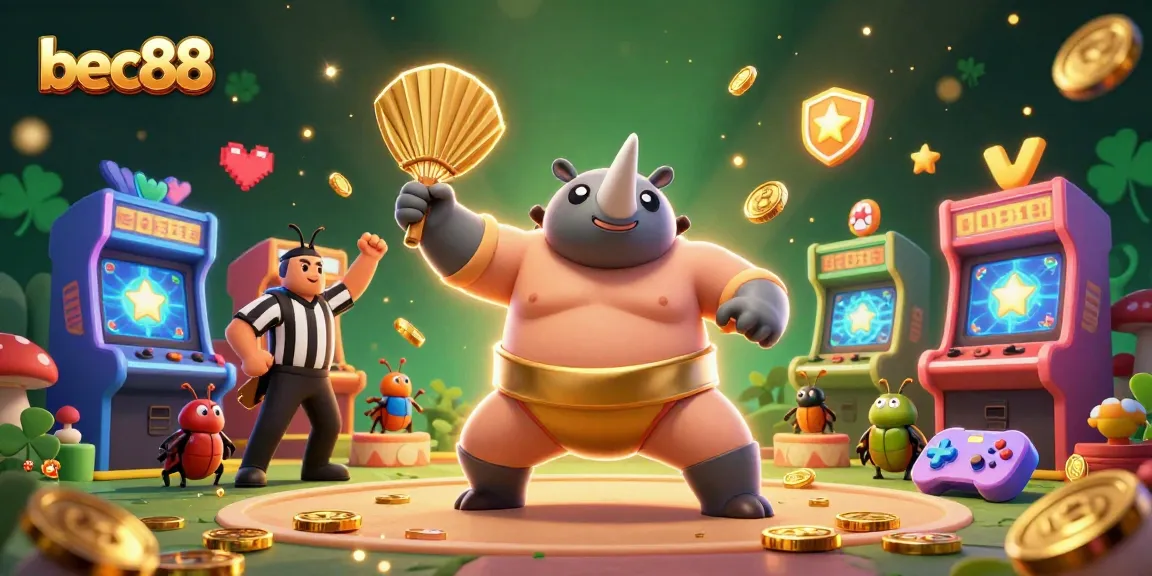 Join the action with bec88 as a sumo champion beetle sends coins flying in this vibrant casino scene.