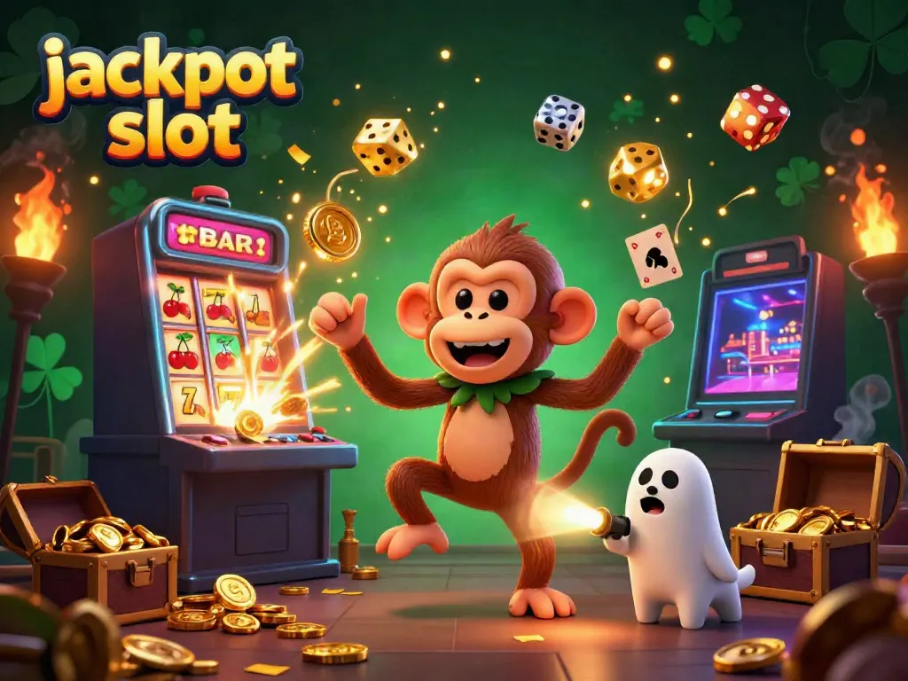 Engaging illustration of jackpot slot action featuring a playful poltergeist monkey and a ghost-hunter puppy amidst casino excitement.