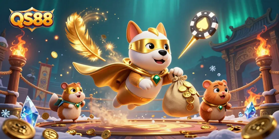 Engage with QS88 for thrilling wins as a superhero dog and sidekick navigate a vibrant casino adventure.