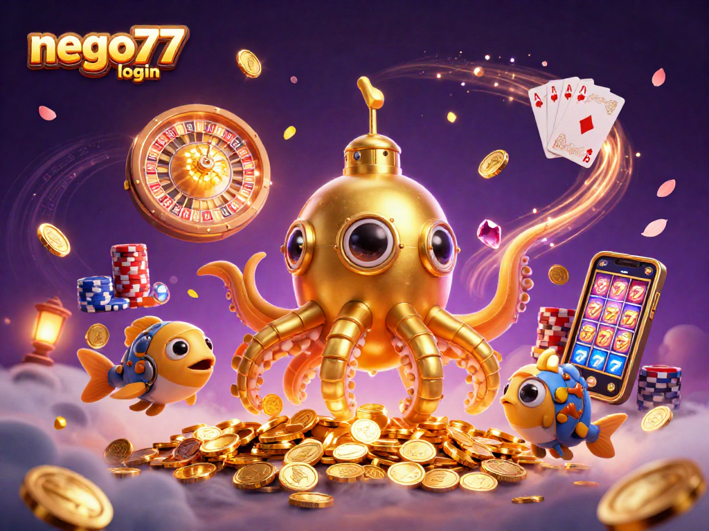 Experience the excitement of nego77 login with a 3D golden kraken surfing through a sea of coins.