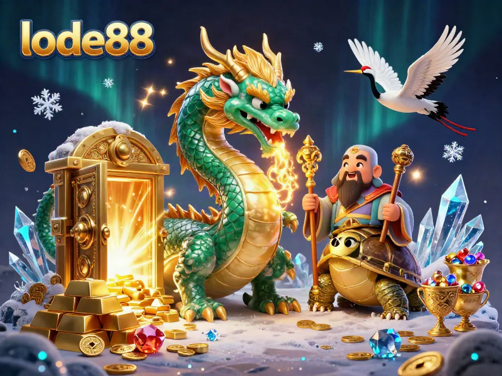 Experience the excitement at lode88 with vibrant 3D casino imagery featuring a jade dragon and treasures.