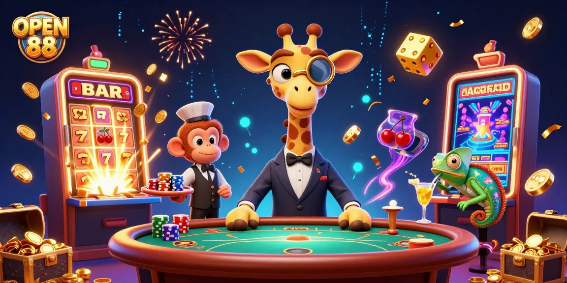 Engage in thrilling gameplay at OPEN 88 with a high-roller giraffe and colorful casino action.