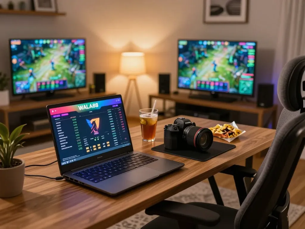 Engaging gaming scene with WALA88 live betting interface on a laptop, showcasing a cozy home atmosphere.