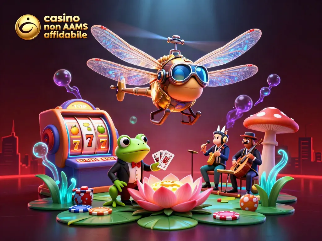 Giocando in un casino non AAMS affidabile con croupier e slot rappresentati in un'illustrazione ricca di dettagli.