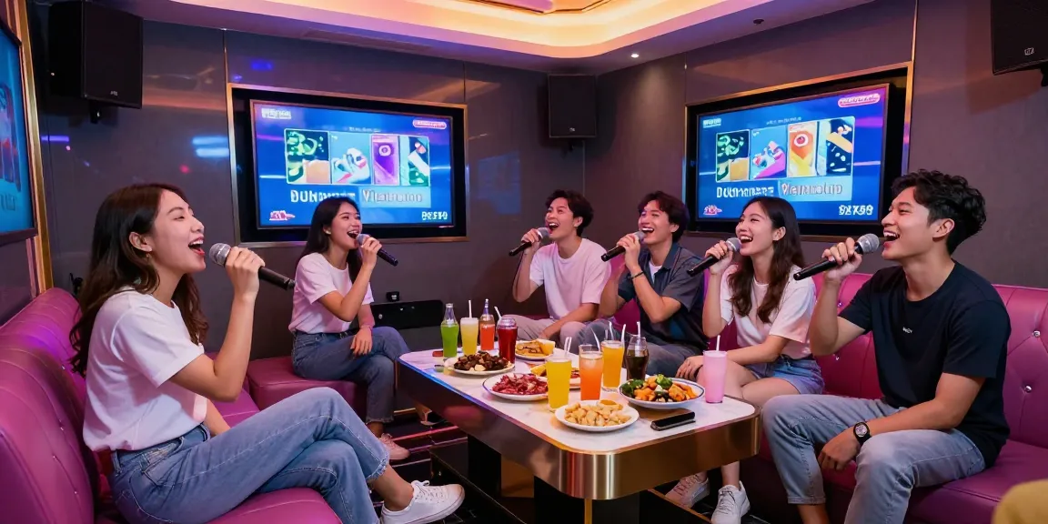다낭 가라오케에서 친구들이 즐겁게 노래하는 모습과 다채로운 조명