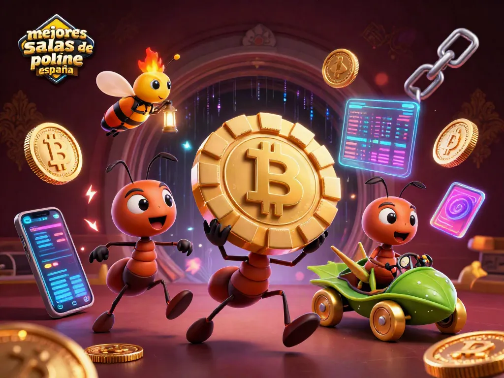 Analiza las mejores salas de póker online España con un chip dorado, antorchas y más en esta ilustración