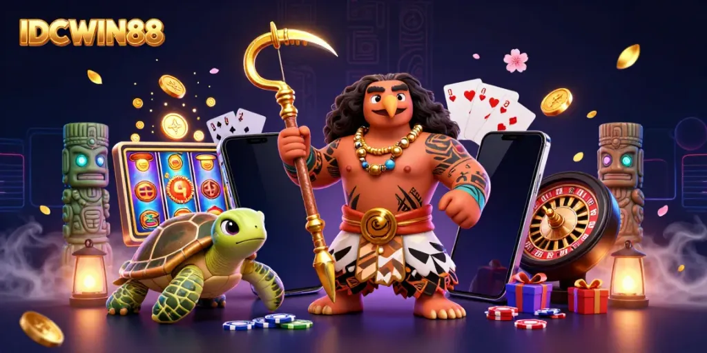 Experience thrilling gameplay at IDCWIN88 with colorful slot games, dynamic characters, and captivating casino elements.