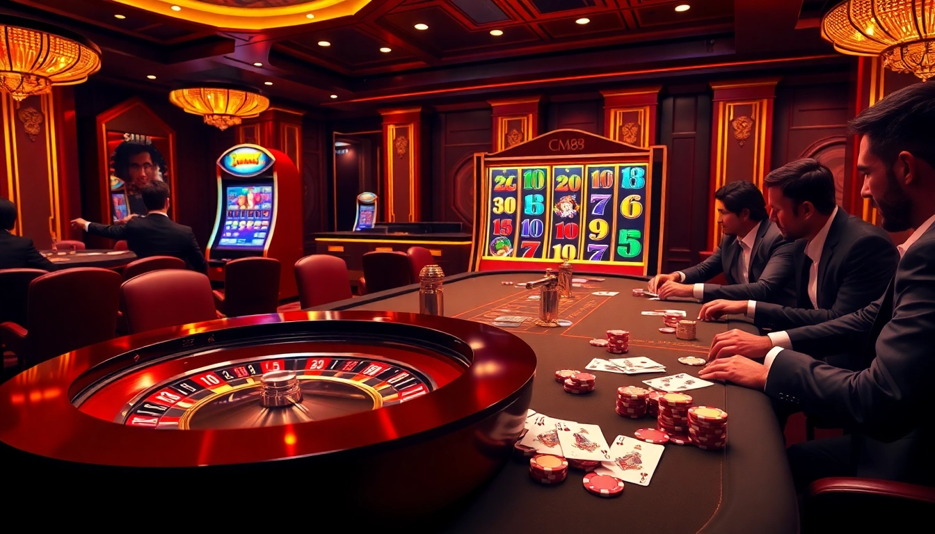 Gamblers enjoy an exciting roulette game at a luxurious casino featuring CM88-themed decor.