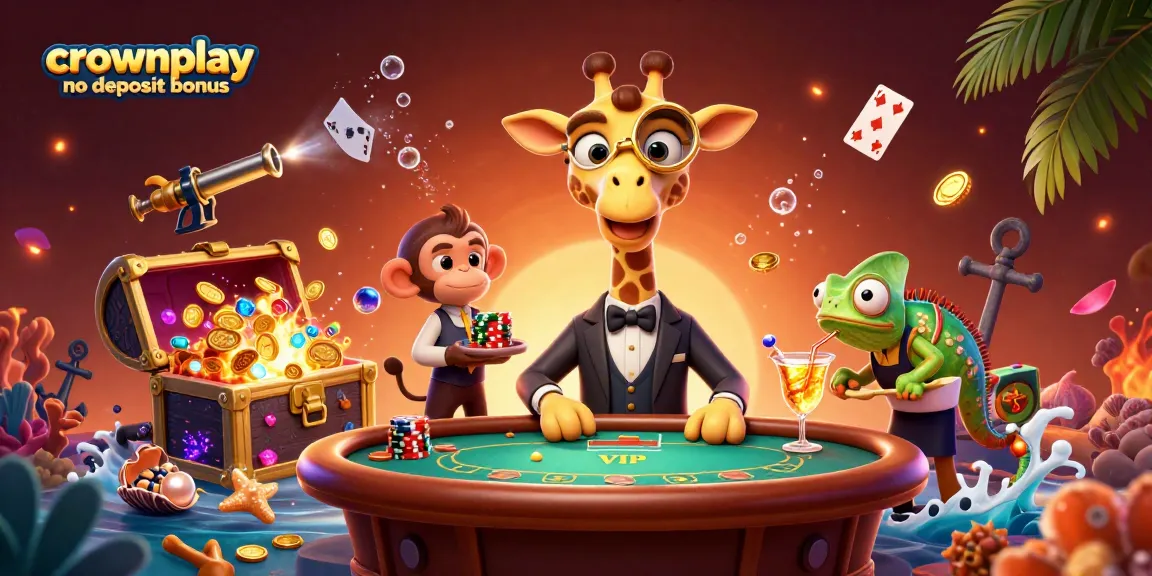 Crownplay no deposit bonus scene with animated giraffe, monkey, and chameleon enjoying casino adventures.
