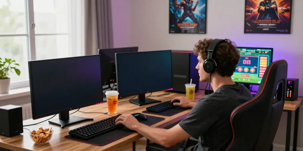 Exciting online gaming experience at https://man88pro.com/ with vibrant lighting and multiple screens