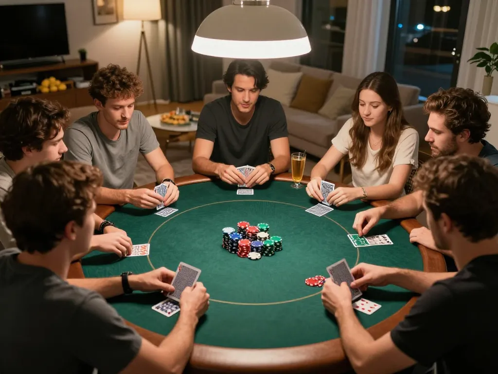 Các người chơi đang lập chiến lược trong một ván poker tại nhà với chip poker 12bet rõ ràng, thể hiện không khí trò chơi thú vị.