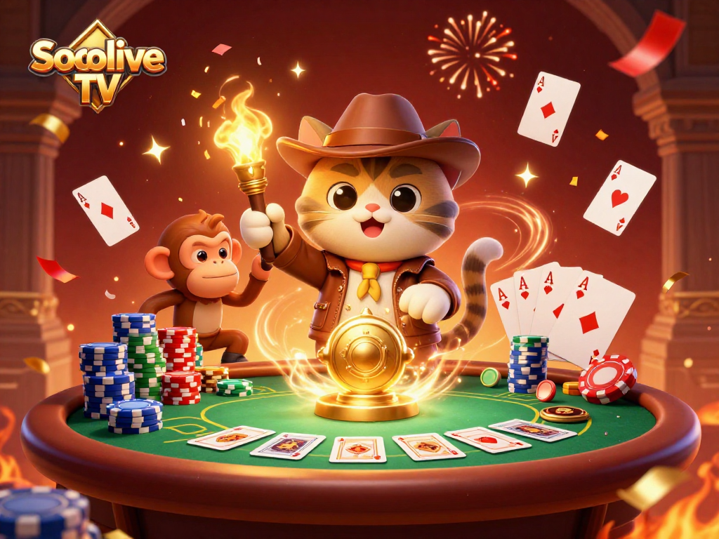Socolive TV captures a cat explorer and monkey in a vibrant casino artifact setting, showcasing poker elements and celebration.