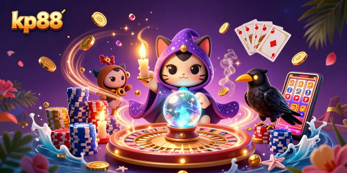 Play thrilling games at kp88 with vibrant graphics, a mystical cat and dynamic casino elements.