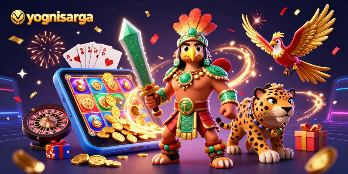 The yognisarga scene depicts Aztec warriors with dynamic gaming elements, showcasing excitement and wins.