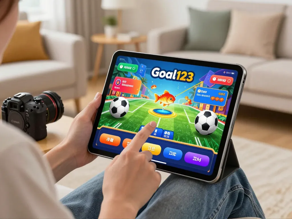 Engaging online gaming experience with Goal123 on a tablet in a vibrant home setting.