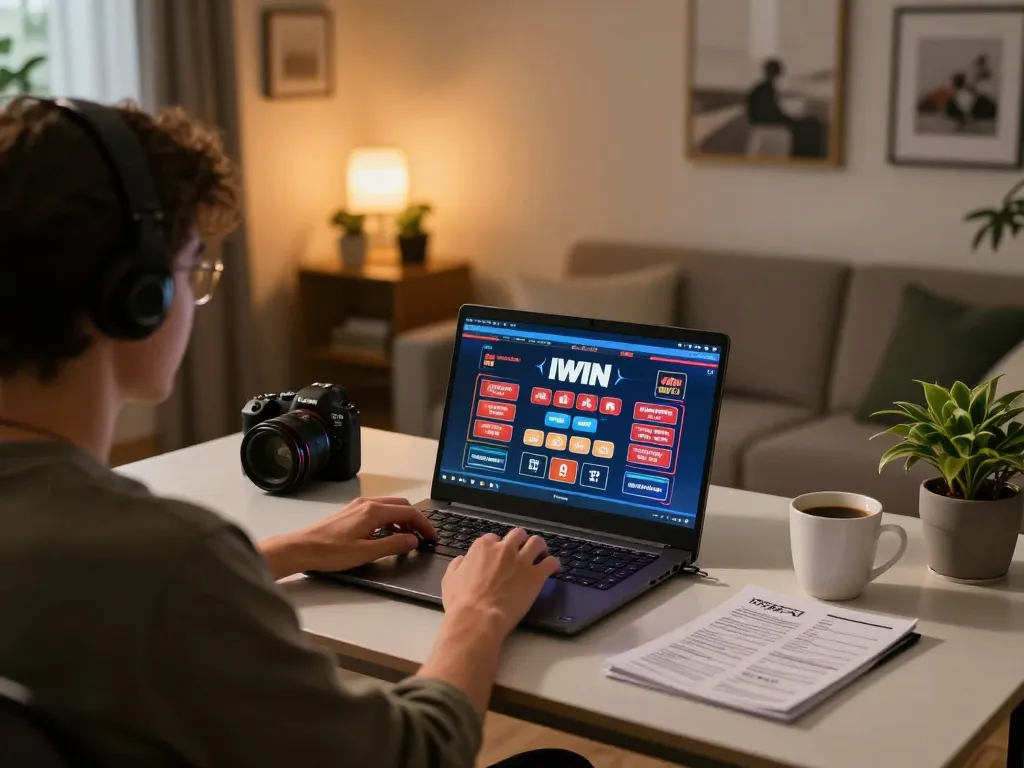 IWIN online casino gaming setup featuring a player focused on laptop with betting interface.