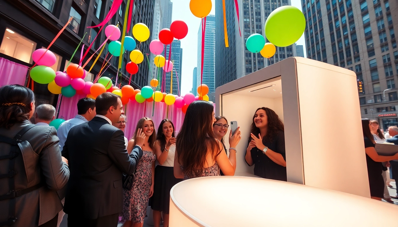 Guests enjoying a photo booth rental Chicago feature at a lively event with colorful decorations.