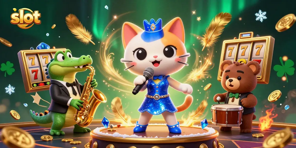 Experience thrilling slot adventures with a jazz-singer cat, a crocodile, and a bear in a vibrant casino.
