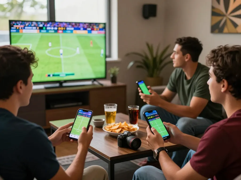 Friends engaging in sports betting during worldcup2026 match with smartphones showing live scores.