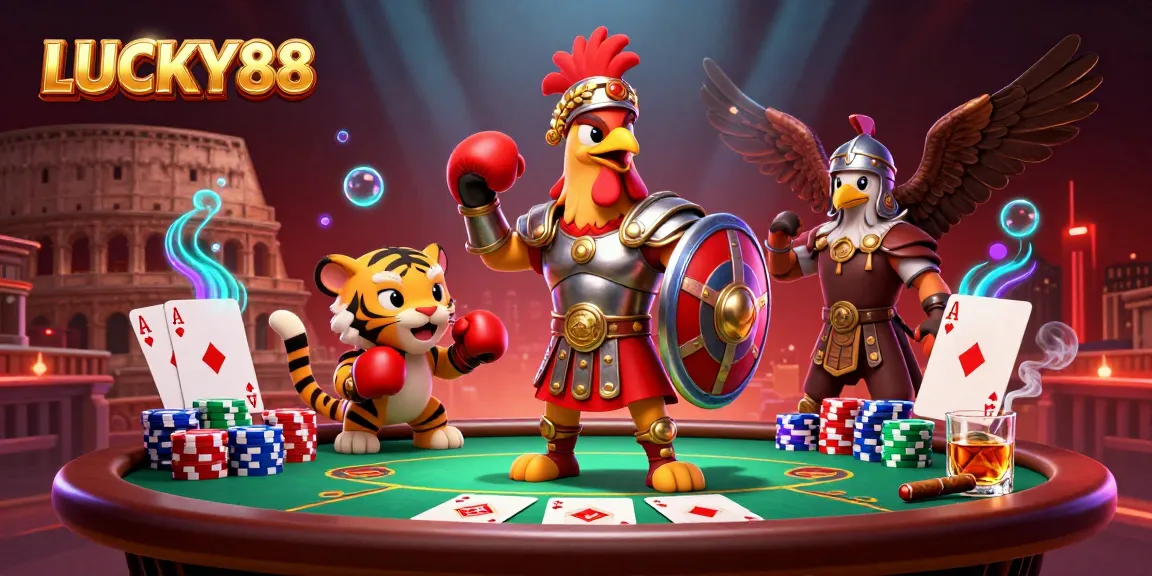 LUCKY88 showcases an explosive poker scene with vibrant characters and dynamic gaming elements.