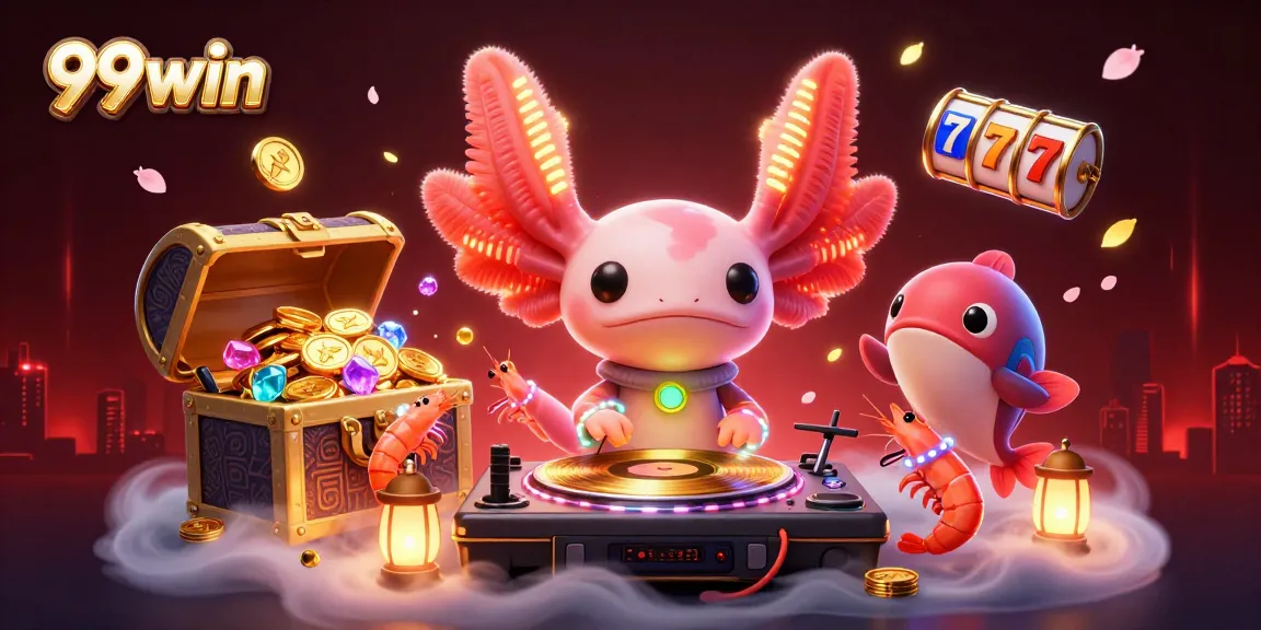 Engage with 99win's exciting underwater casino adventure with neon characters and slot game elements.