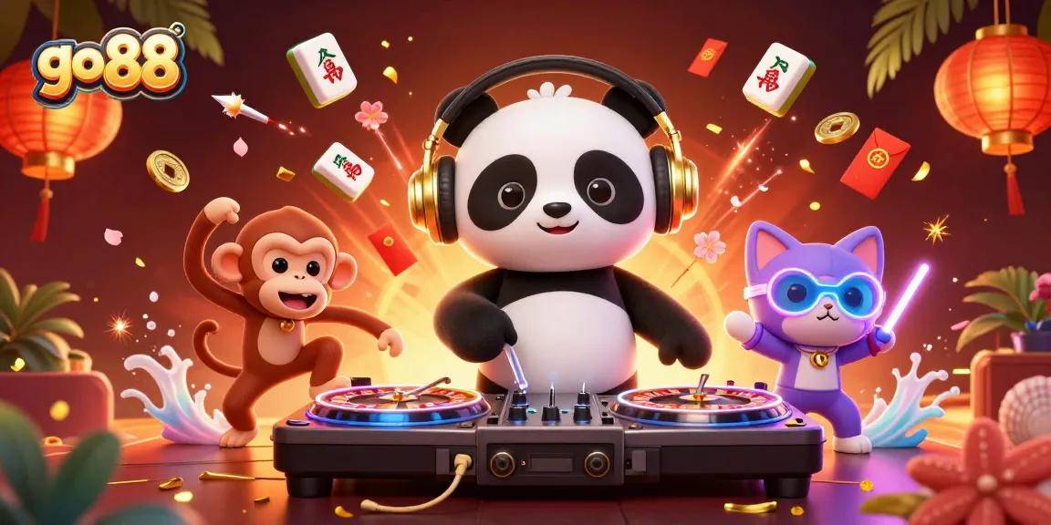 Experience lively gaming with go 88 featuring a DJ panda, breakdancing monkey, and vibrant casino elements.