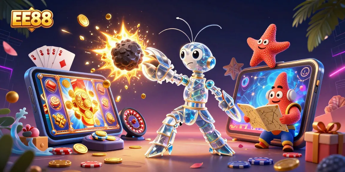 Experience excitement with EE88 as a glowing mantis shrimp battles an asteroid amidst casino elements.