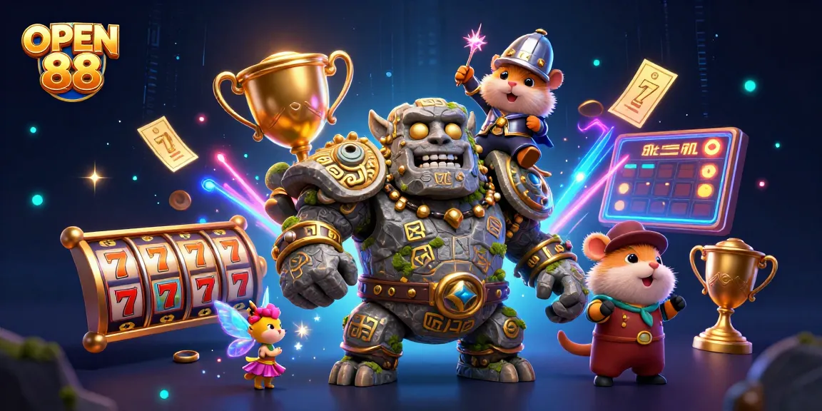 Engage in exhilarating gaming at OPEN 88 with captivating slot games and dynamic betting elements around animated characters.