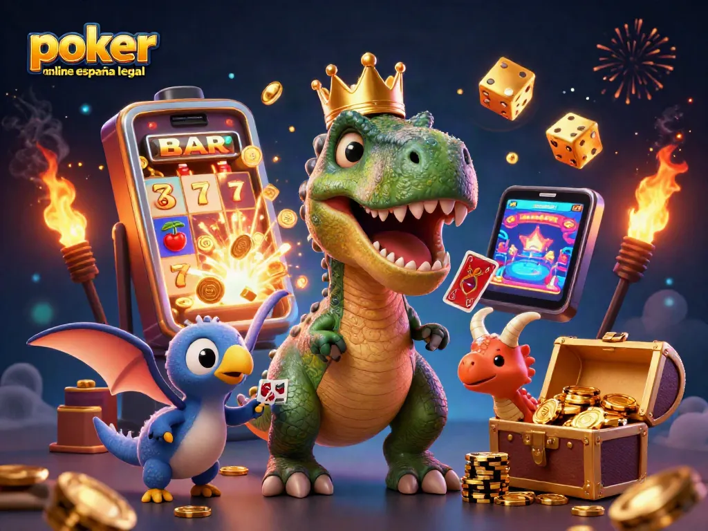 Disfruta del poker online España legal con personajes divertidos y elementos de casino en un entorno vibrante.