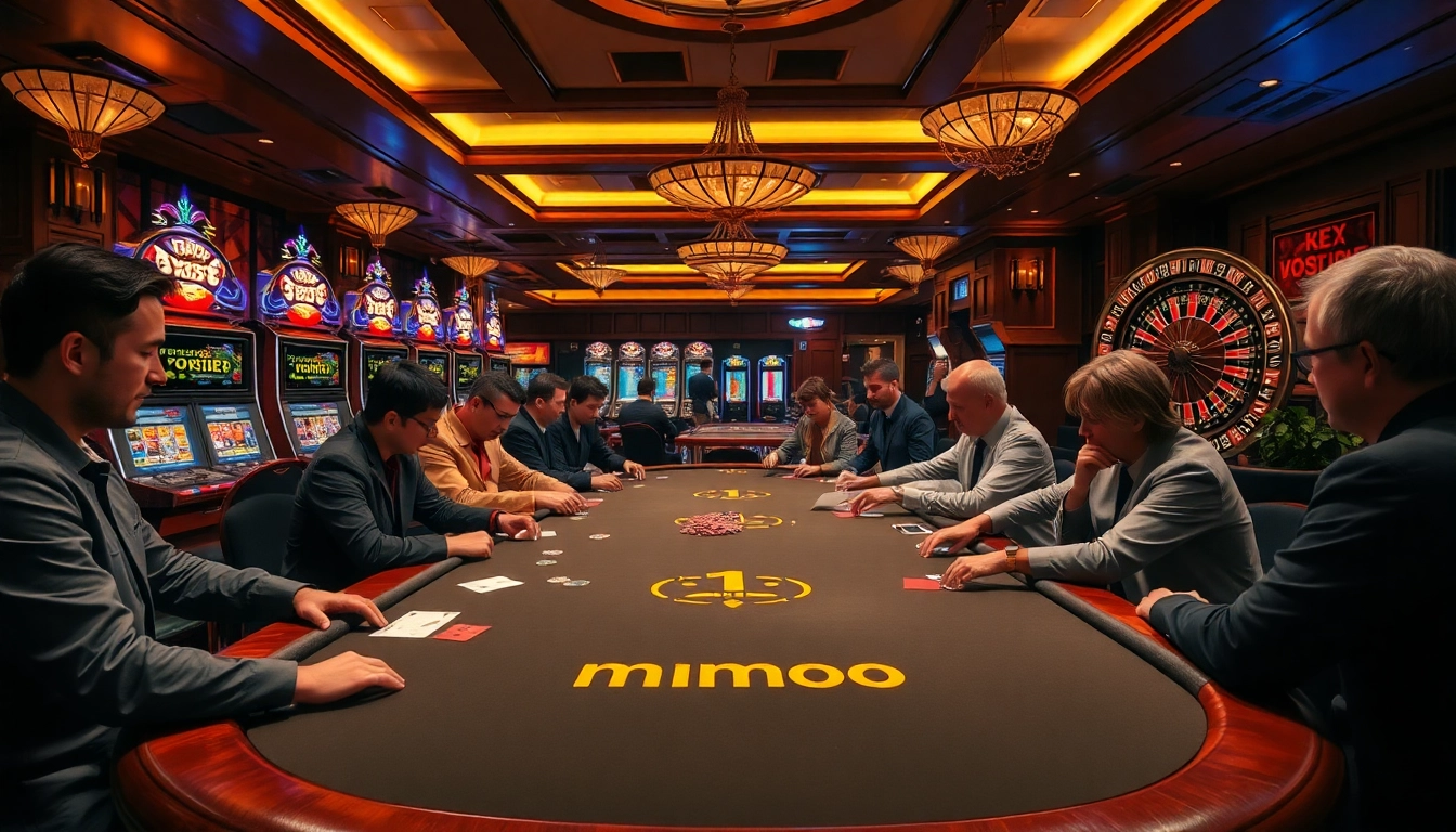 Exciting gambling scene at a luxurious casino featuring mmoo branding and players at the poker table.