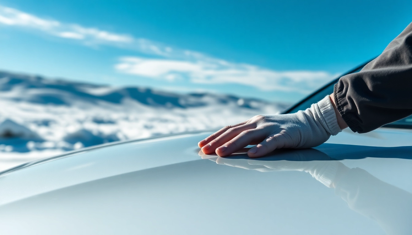 Applying PPF winter road salt protection, an expert detailer ensures seamless vehicle protection against winter elements.