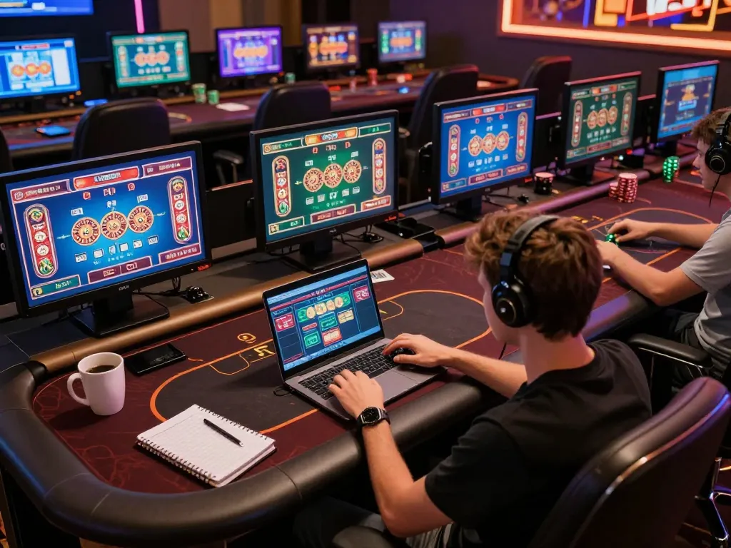 Engaging player strategizing with vipwin casino app on laptop during online gaming session.
