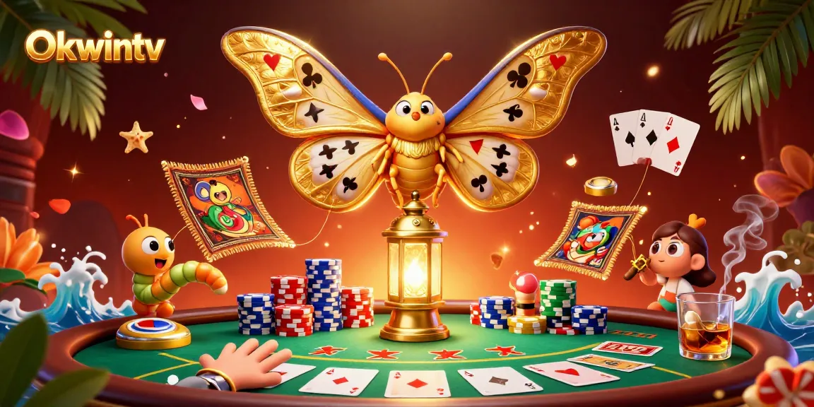 Experience Okwintv's dynamic online casino with vibrant characters, poker elements, and interactive gaming scenes.