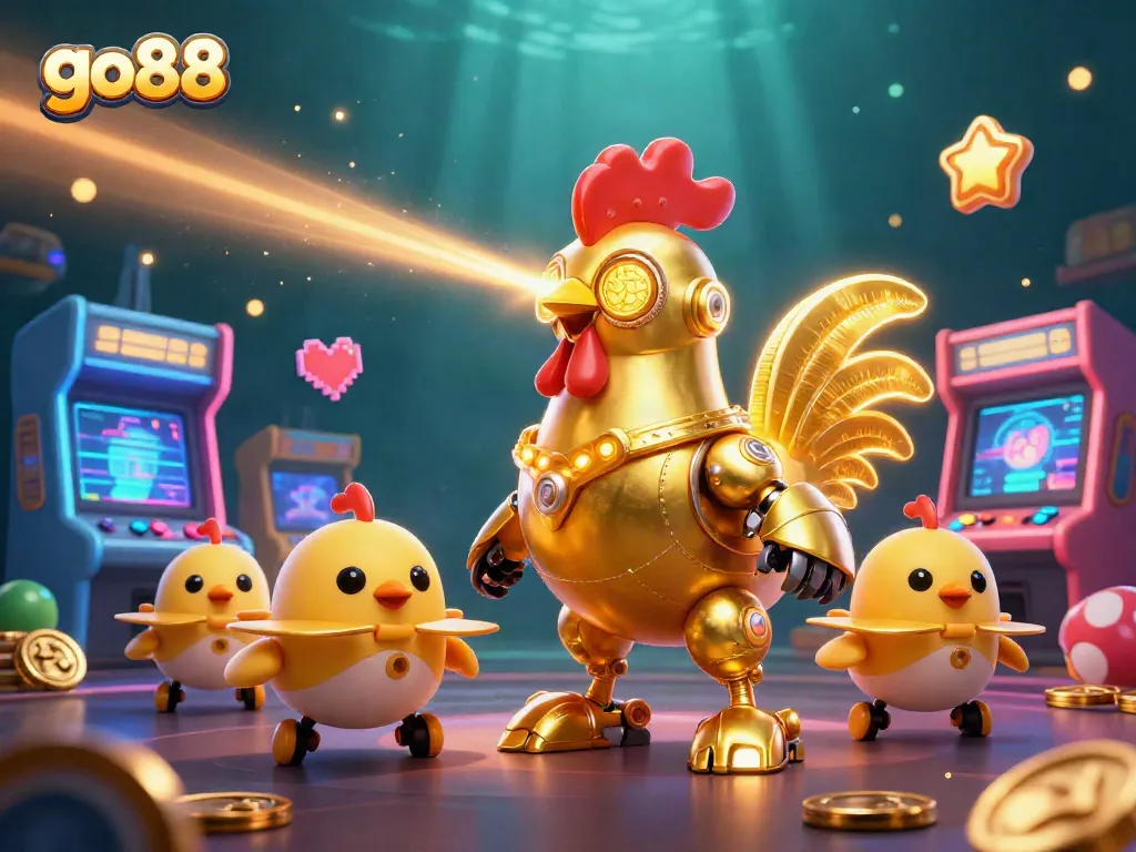 Engage with go88 casino action in a colorful 3D scene featuring a golden rooster robot and dynamic gaming elements.