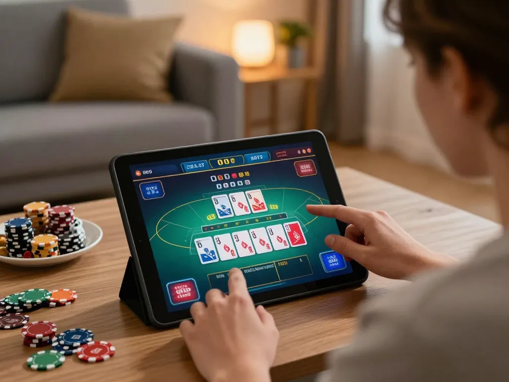Engaging in live dealer games on nn88 casino app from home, showcasing strategic gameplay.