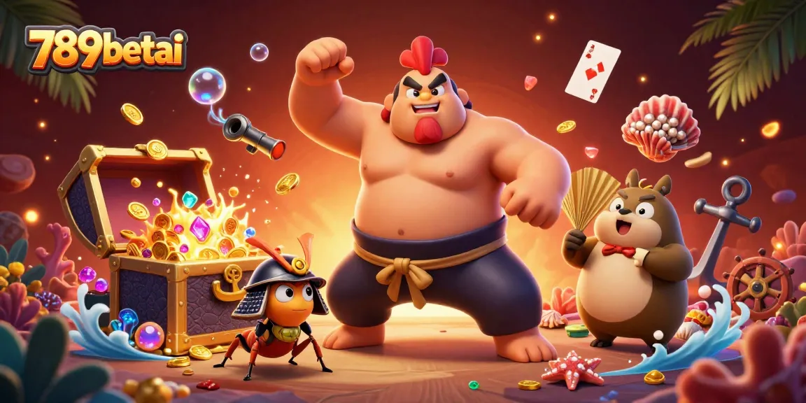 Experience the thrill of 789betai with a cartoon sumo wrestler, fighting cricket, and tanuki among sparkling treasures.